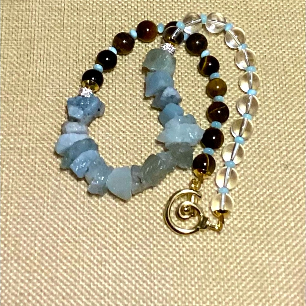 Gold Toggle Aquamarine Tiger Eye Quartz Beads Necklace